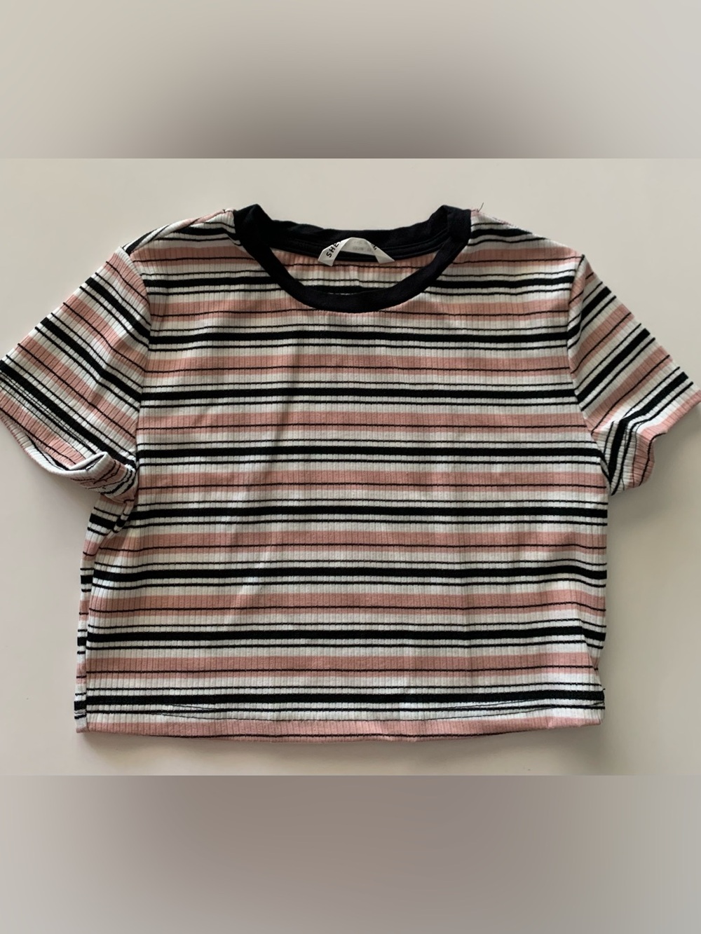 New Shein Kids Girls Contrast Neck Basic Striped Rib Knit Crop Top Size 10 Yrs